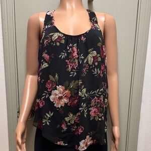 Ambiance Black Floral Racerback Top with Red and Pink Floral Design